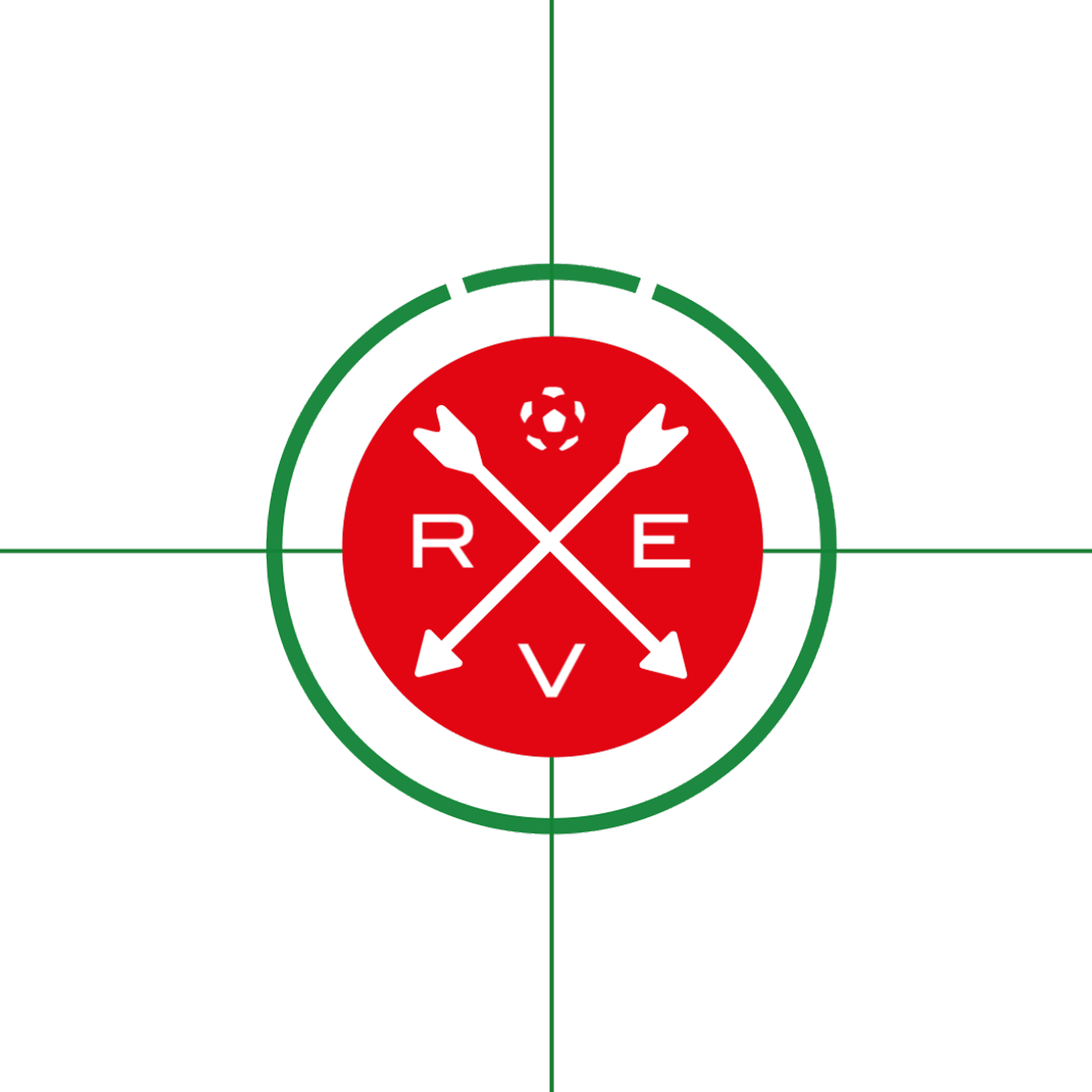 Étape de construction du blason RE Virton en animation, avec cercle rouge, flèches croisées et lignes vertes