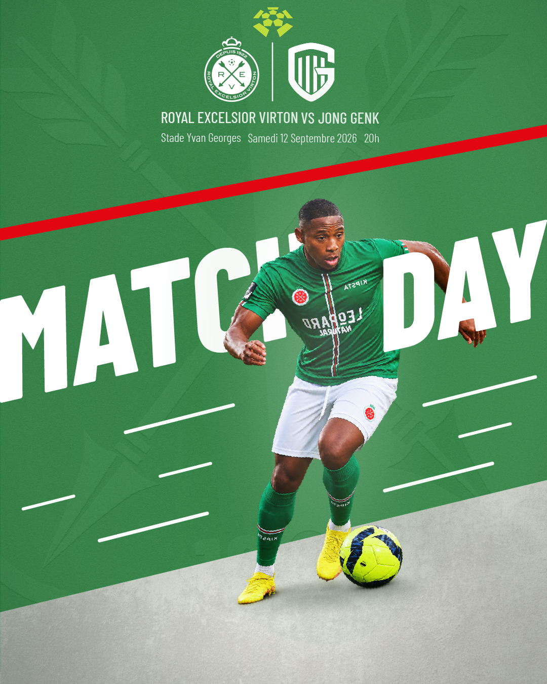 Visuel de jour de match RE Virton contre Jong Genk, joueur et diagonale rouge